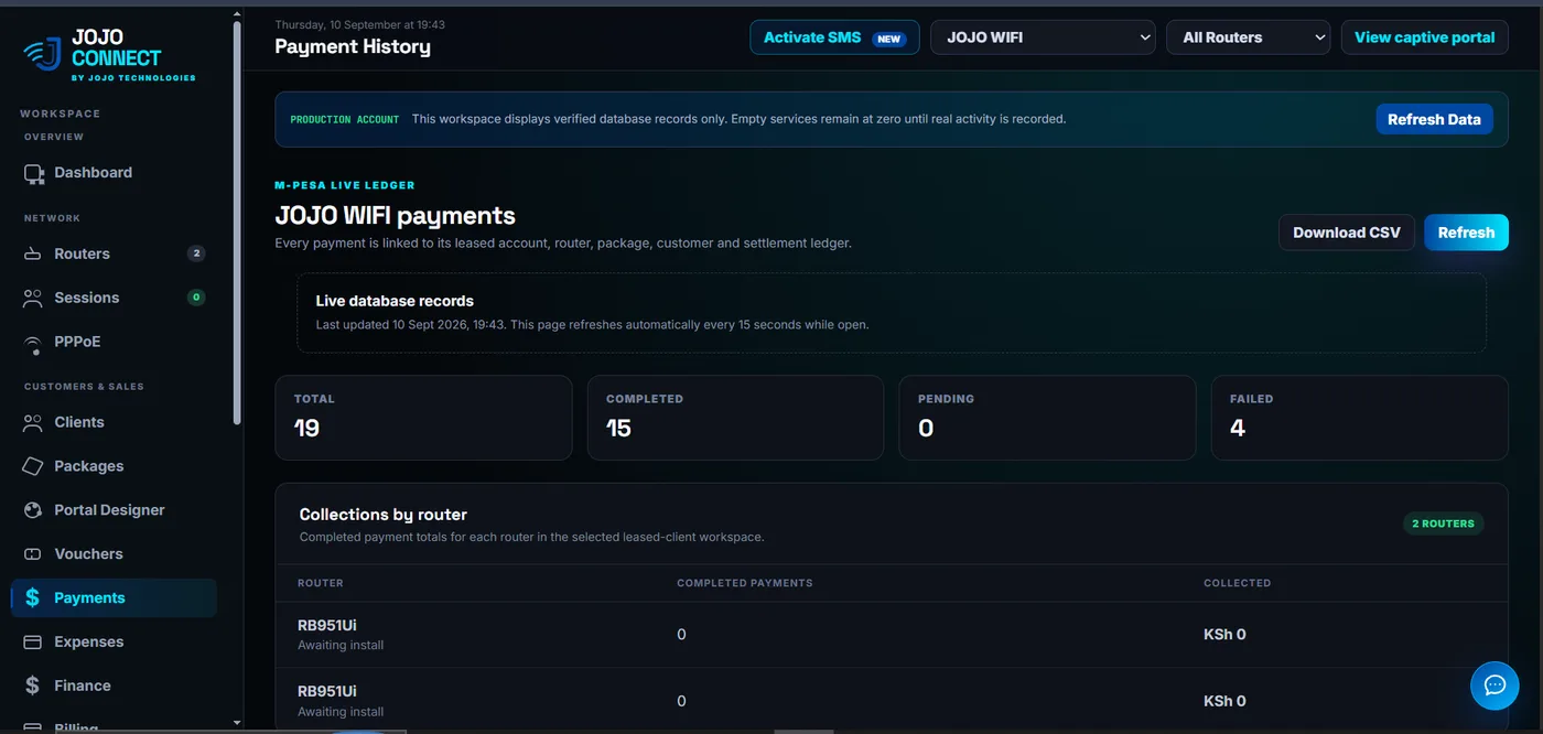 JOJO CONNECT payments workspace showing recent payment activity