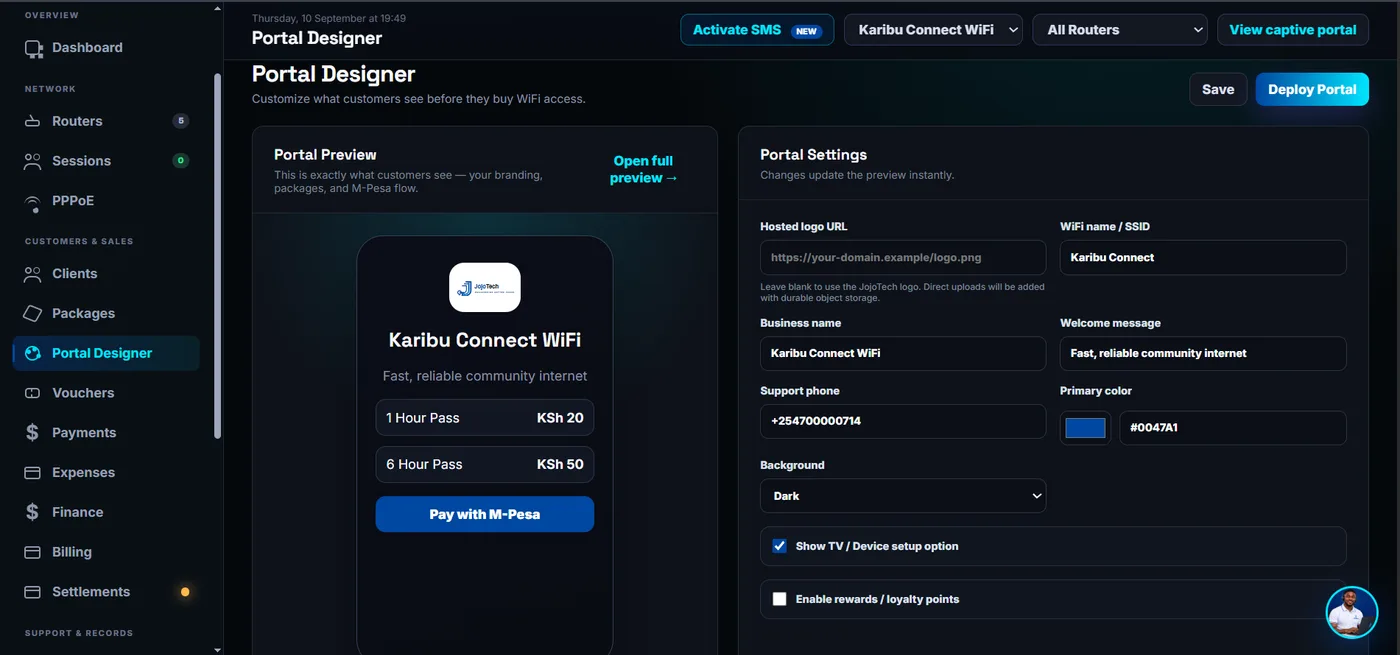 JOJO CONNECT captive portal designer